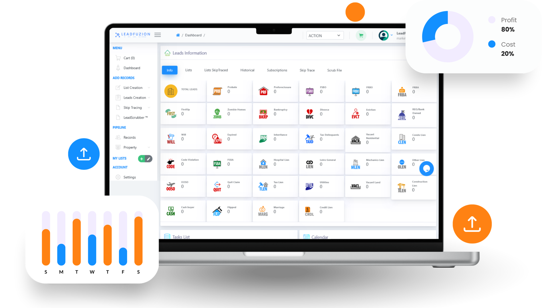 Leadfuzion dashboard with probate leads, contacts, and analytics